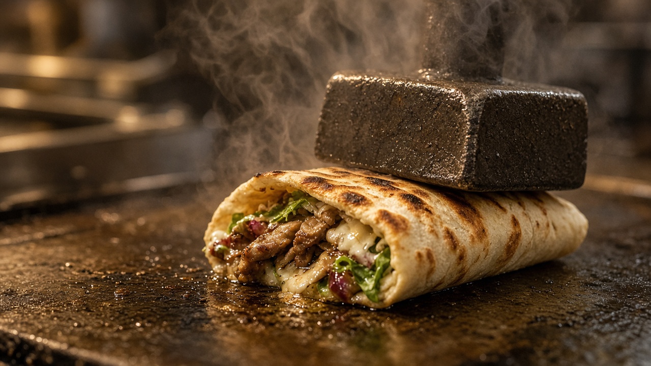 A grilled pita wrap pressed under a heavy brick on a flat-top grill, steam rising